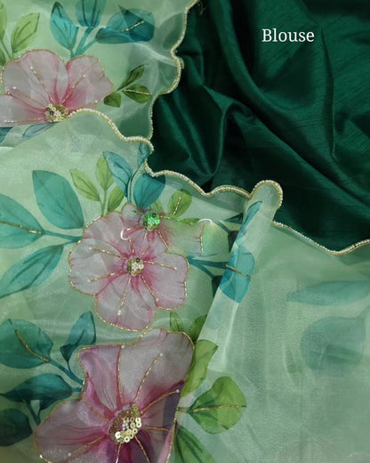 Green Flower Print Hand Work Saree