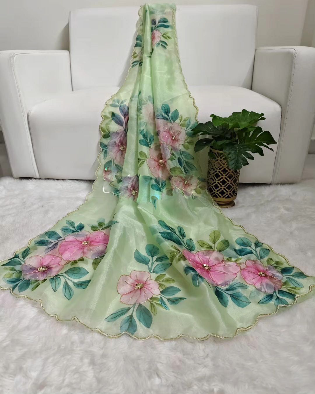Green Flower Print Hand Work Saree