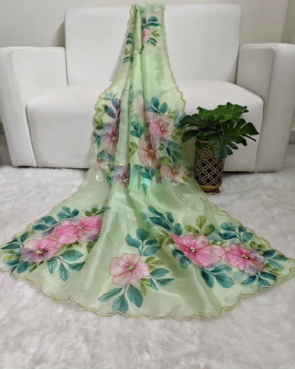 Green Flower Print Hand Work Saree