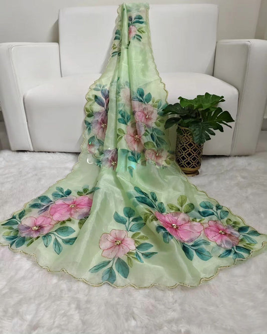 Green Flower Print Hand Work Saree