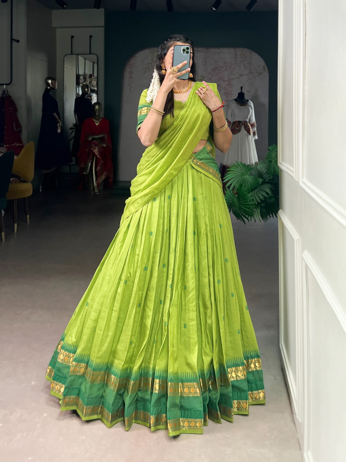 Beautiful Chanderi Green Half Lehenga Saree