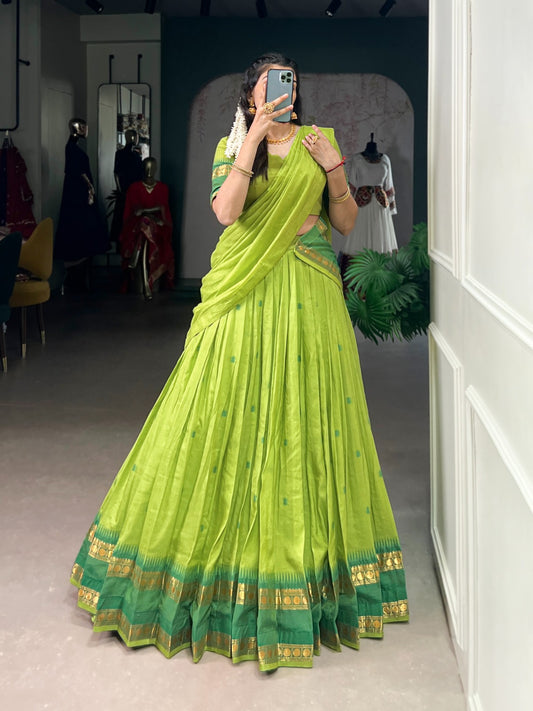 Beautiful Chanderi Green Half Lehenga Saree