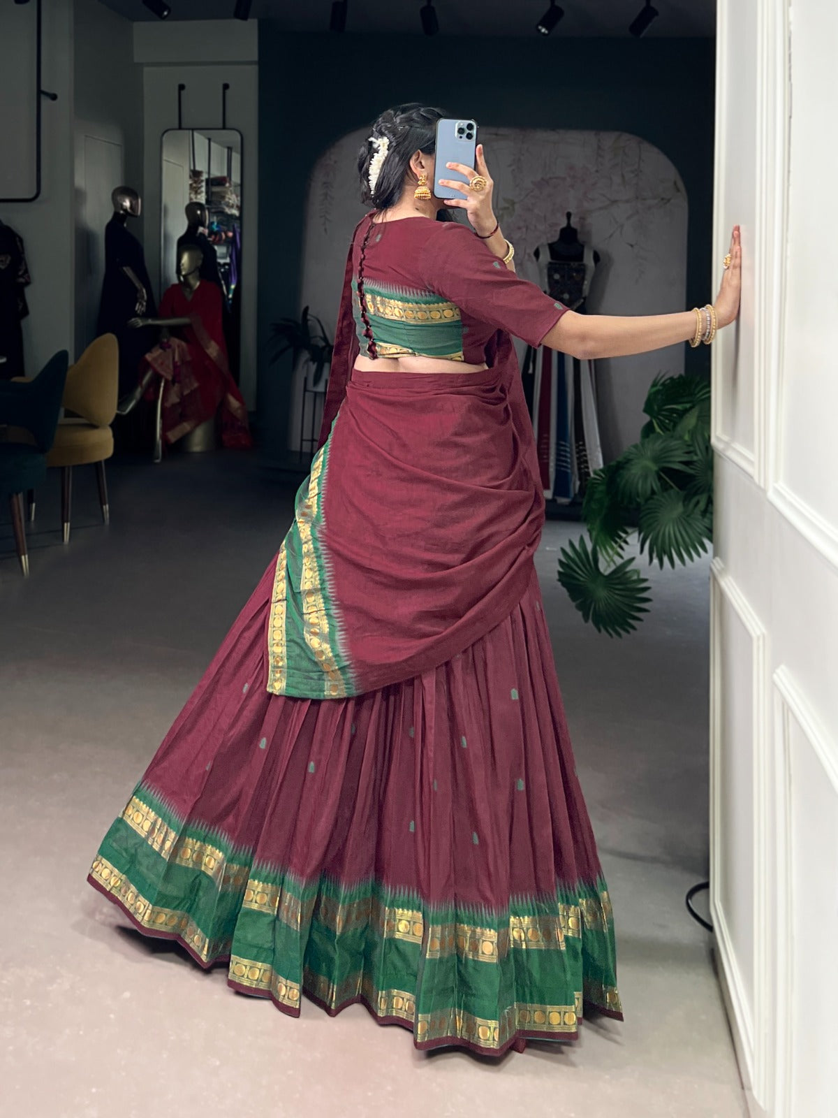 Marron Pure Chanderi Zari Weaving Work Half Lehenga Saree