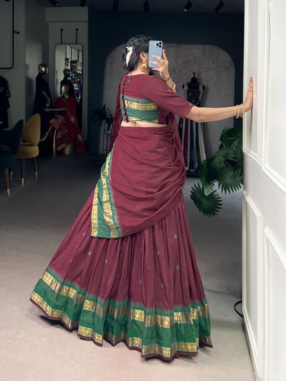 Marron Pure Chanderi Zari Weaving Work Half Lehenga Saree