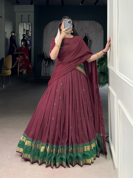 Marron Pure Chanderi Zari Weaving Work Half Lehenga Saree