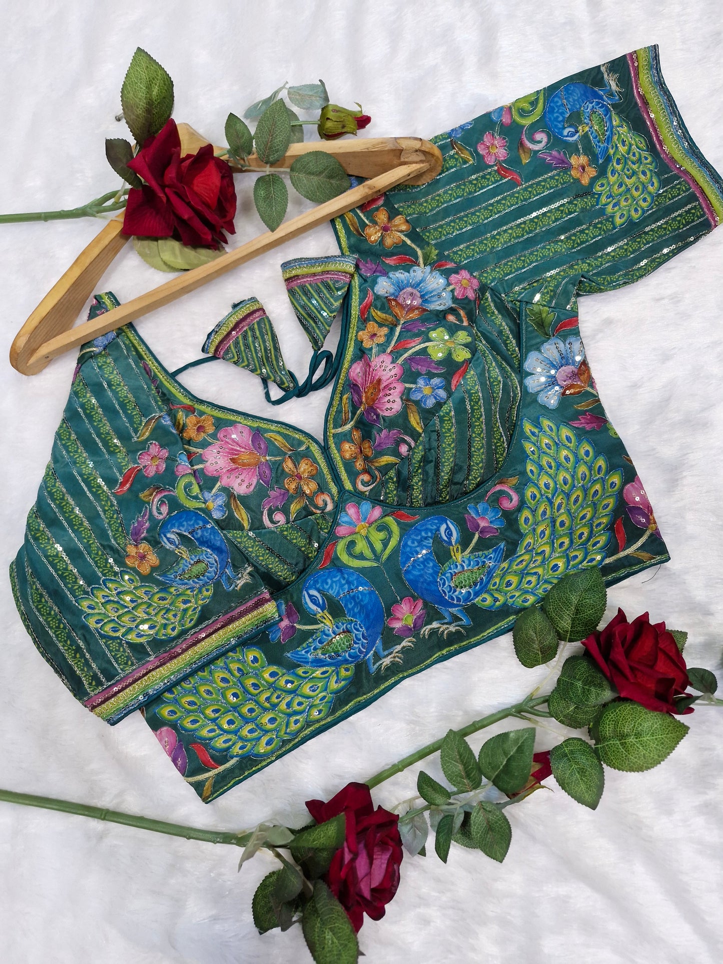 Rama Green Embroidery Position Print Blouse
