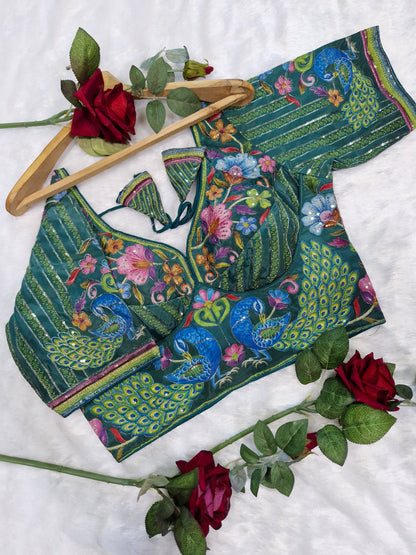 Rama Green Embroidery Position Print Blouse