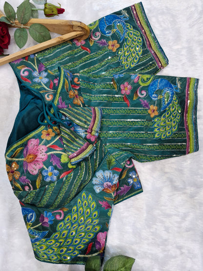 Rama Green Embroidery Position Print Blouse