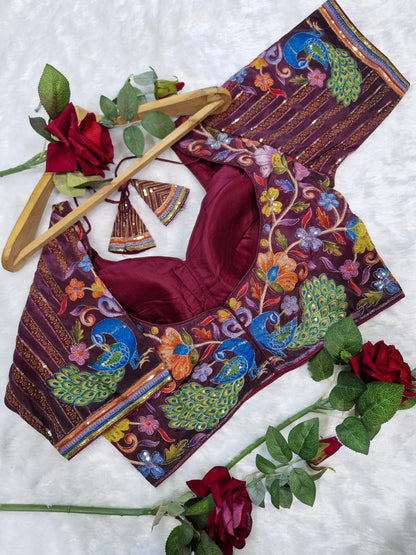 Viscose Peacock Print Wine Blouse