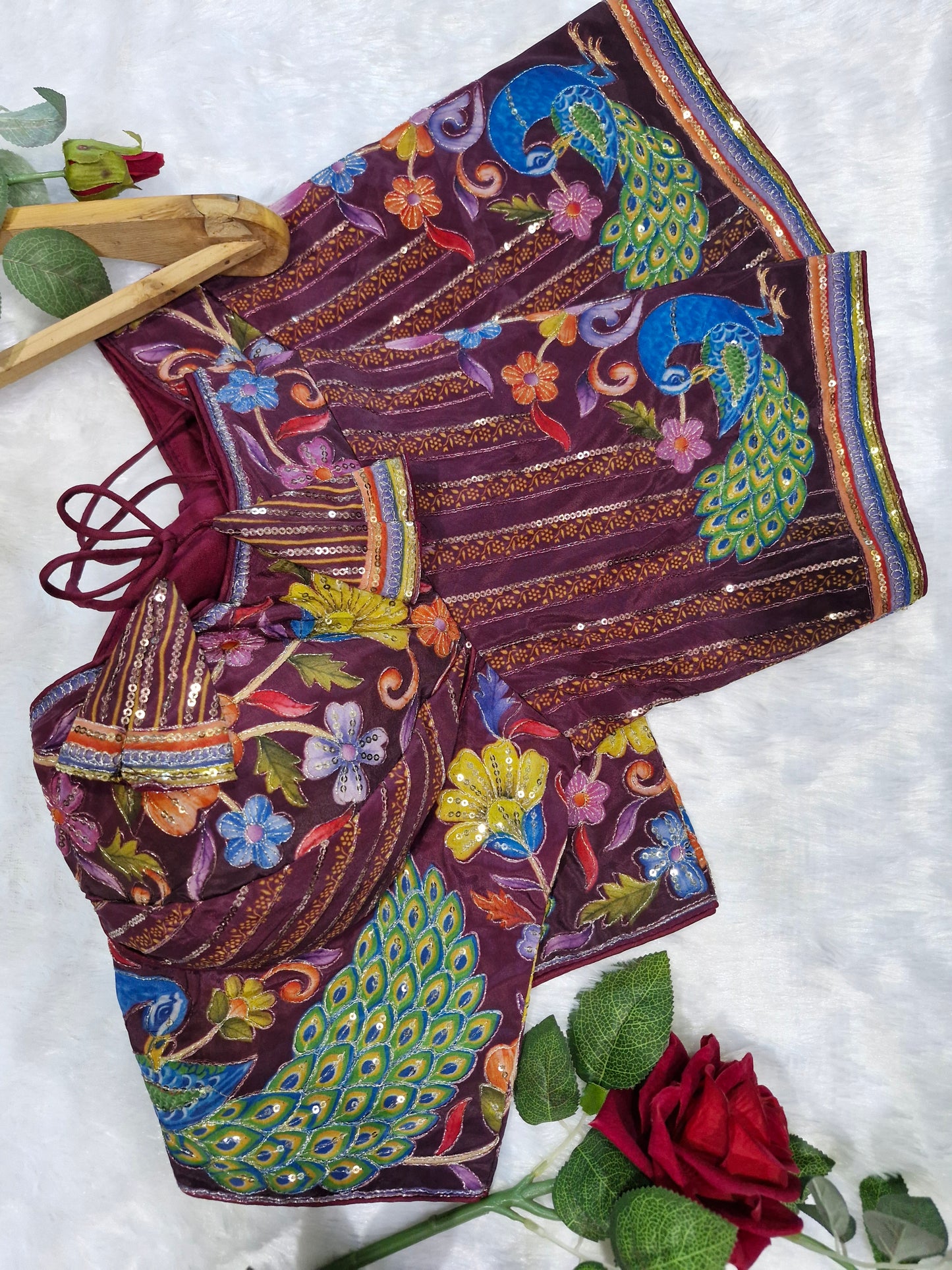 Viscose Peacock Print Wine Blouse