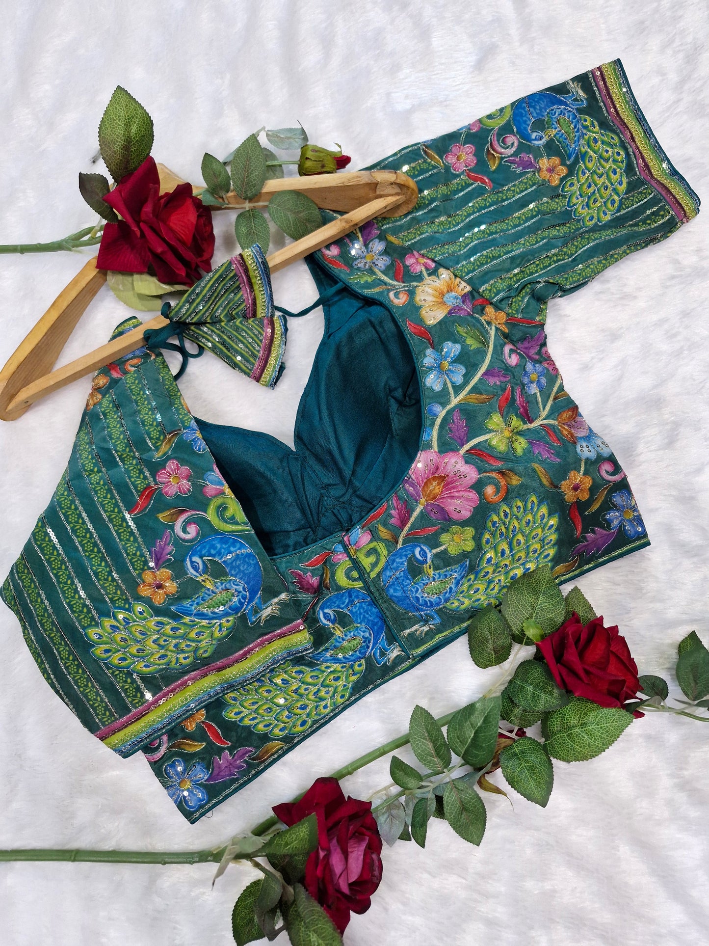 Rama Green Embroidery Position Print Blouse