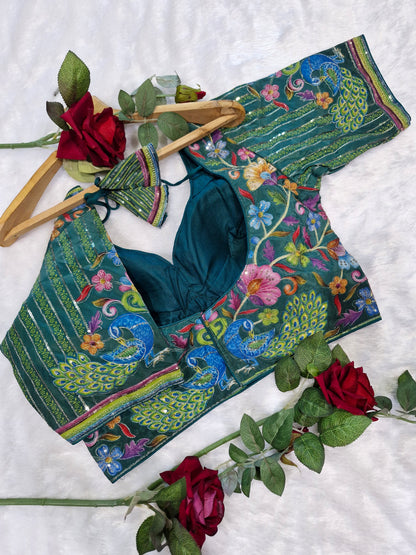 Rama Green Embroidery Position Print Blouse