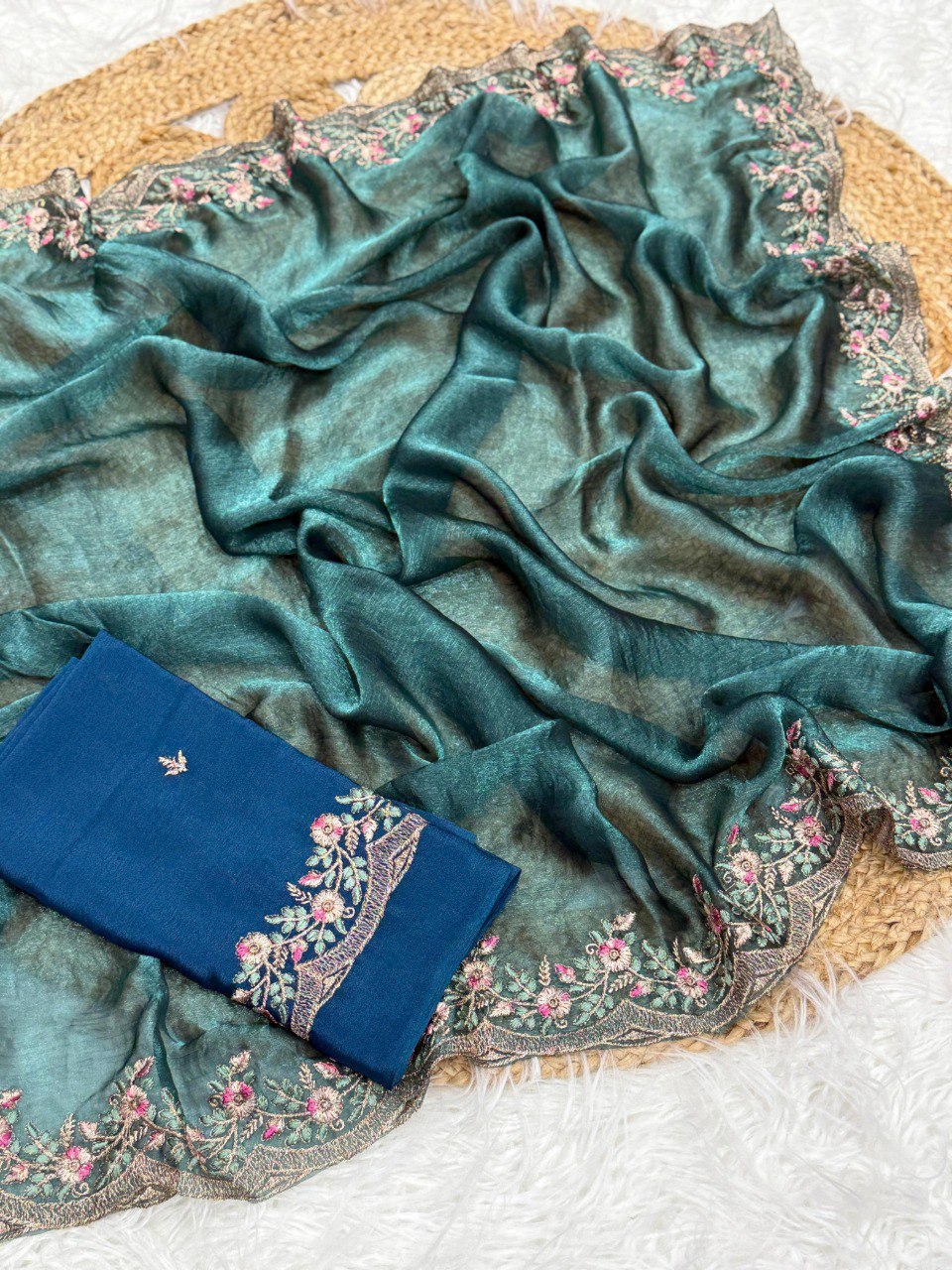 Green Chiffon Saree With Chinnon Silk Blouse