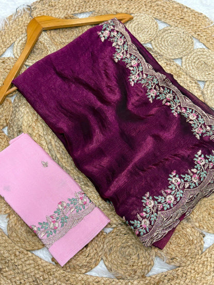 Fandy Chiffon Two-tone  Embroidery Work Wine Saree