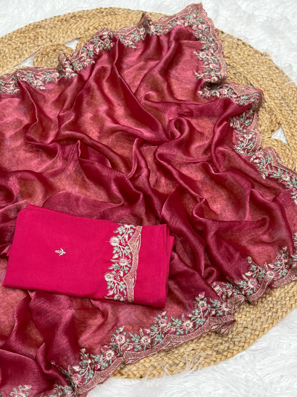 Elegent Marron Two Tone Embroidery Work Saree