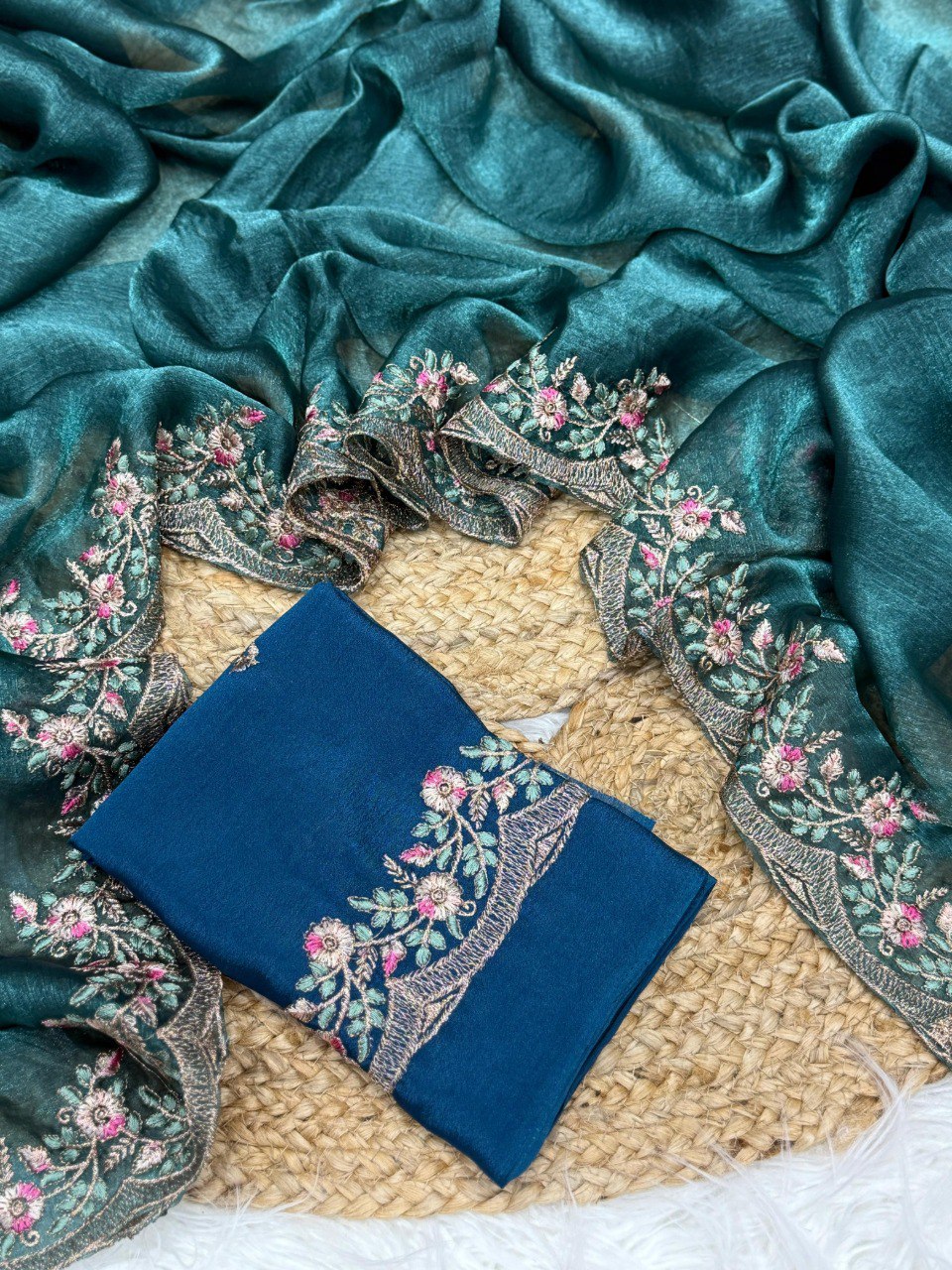 Green Chiffon Saree With Chinnon Silk Blouse