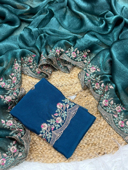 Green Chiffon Saree With Chinnon Silk Blouse