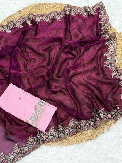 Fandy Chiffon Two-tone  Embroidery Work Wine Saree