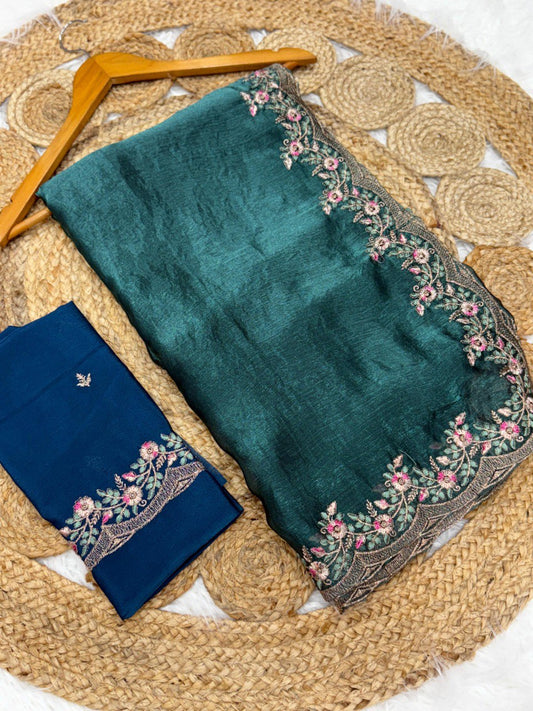 Green Chiffon Saree With Chinnon Silk Blouse