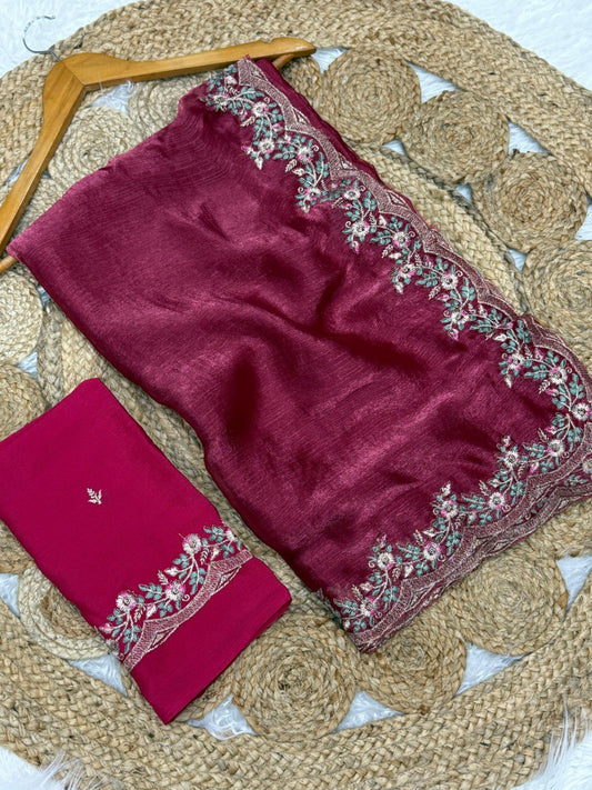 Elegent Marron Two Tone Embroidery Work Saree