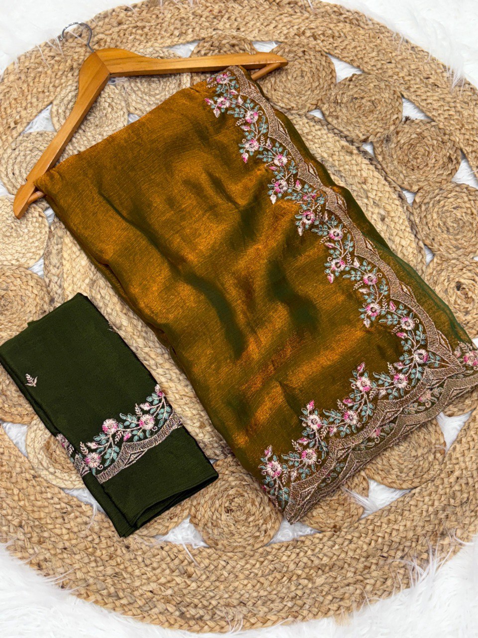 Beautiful Yellow Saree With Chinnon Silk Green Blouse