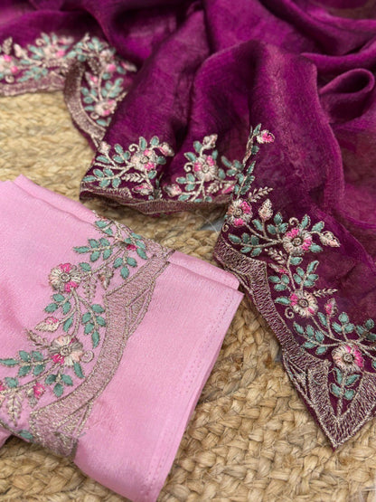 Fandy Chiffon Two-tone  Embroidery Work Wine Saree