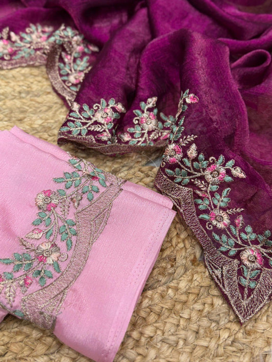 Fandy Chiffon Two-tone  Embroidery Work Wine Saree