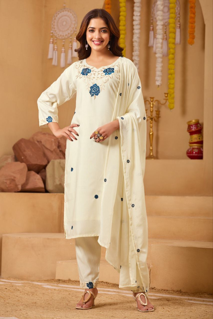 Rayon Kurti Pant Set With Embroidered Detailing