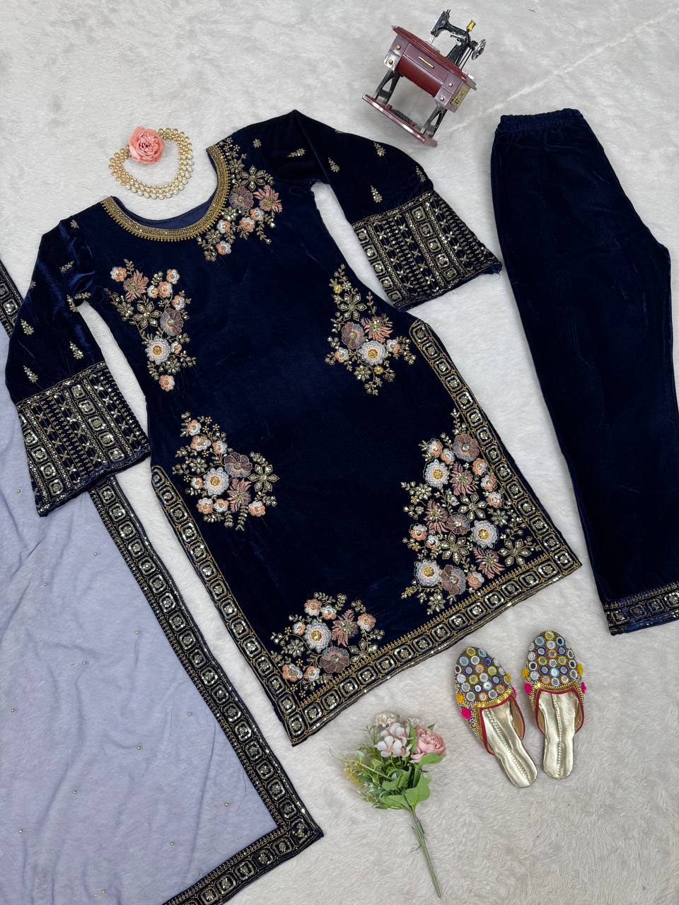Heavy Viscose Velvet Suit With Soft Net Dupatta