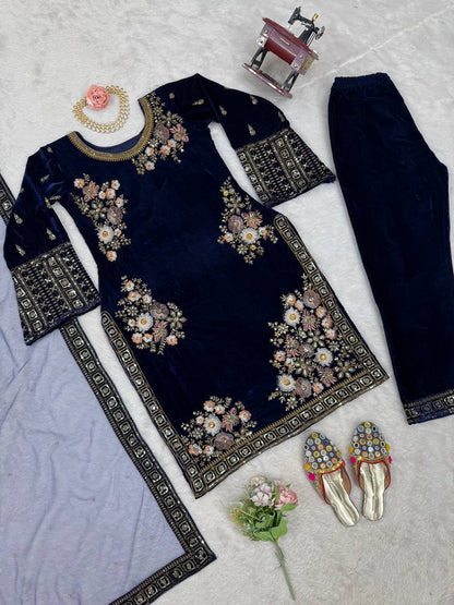 Heavy Viscose Velvet Suit With Soft Net Dupatta