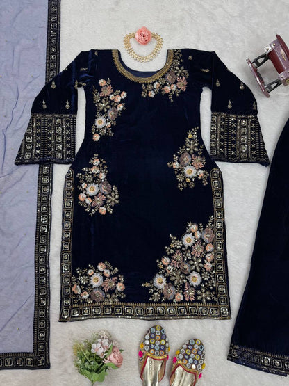 Heavy Viscose Velvet Suit With Soft Net Dupatta