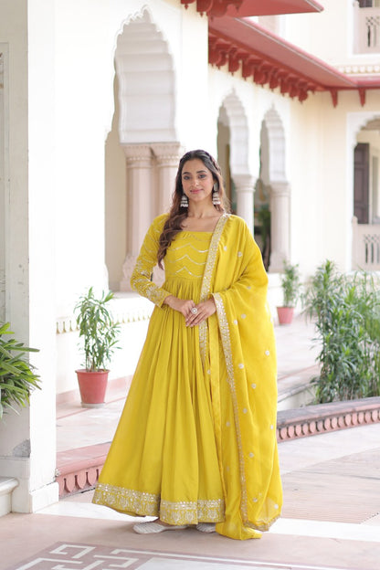 Yellow Vichitra Silk Gown With Dupatta