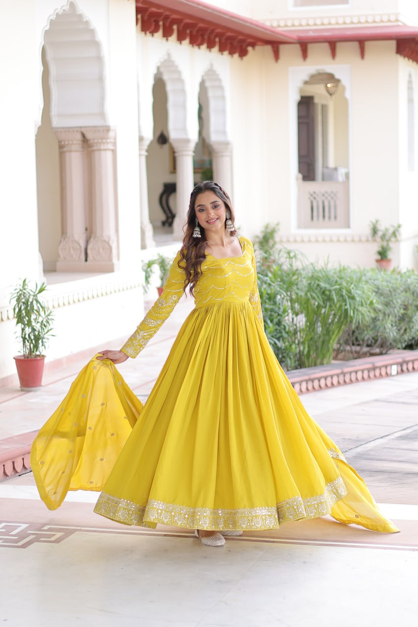 Yellow Vichitra Silk Gown With Dupatta