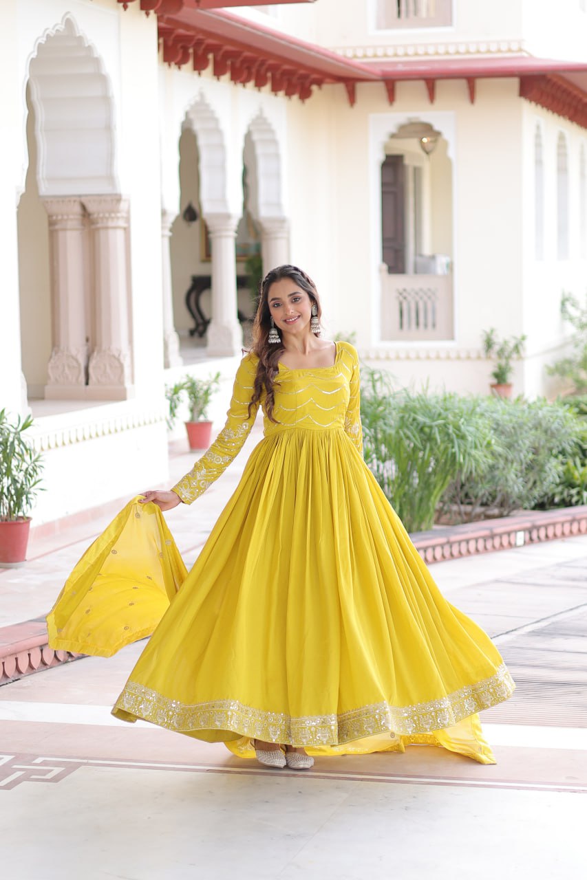Yellow Vichitra Silk Gown With Dupatta