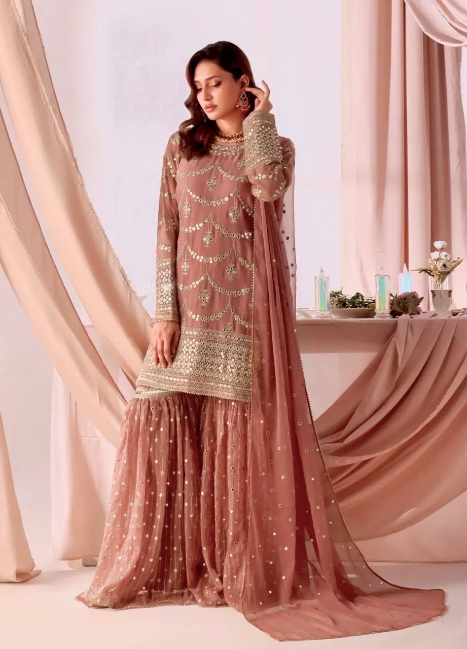 Beautiful Peach Sharara Suit With Sequence Work