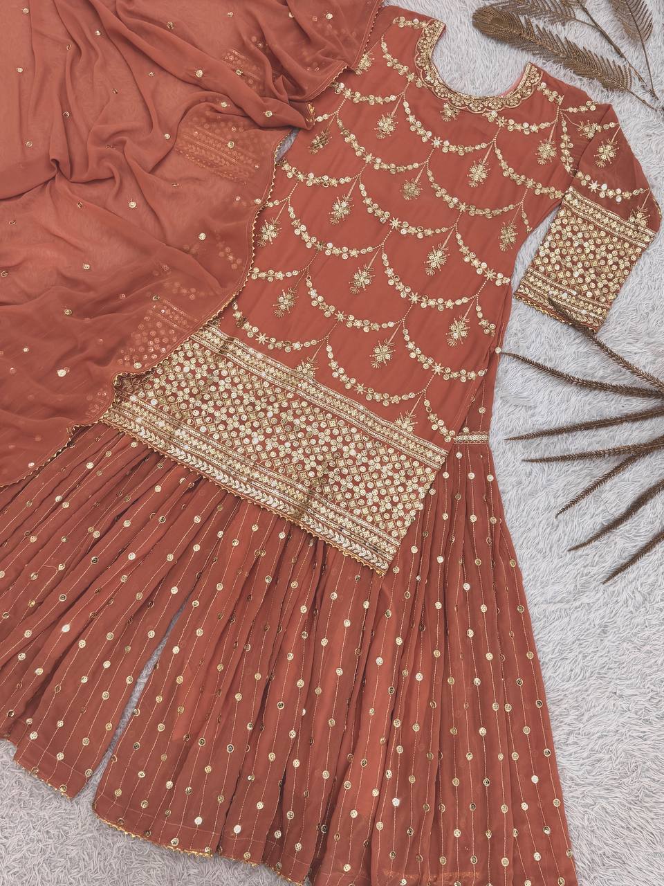 Beautiful Peach Sharara Suit With Sequence Work