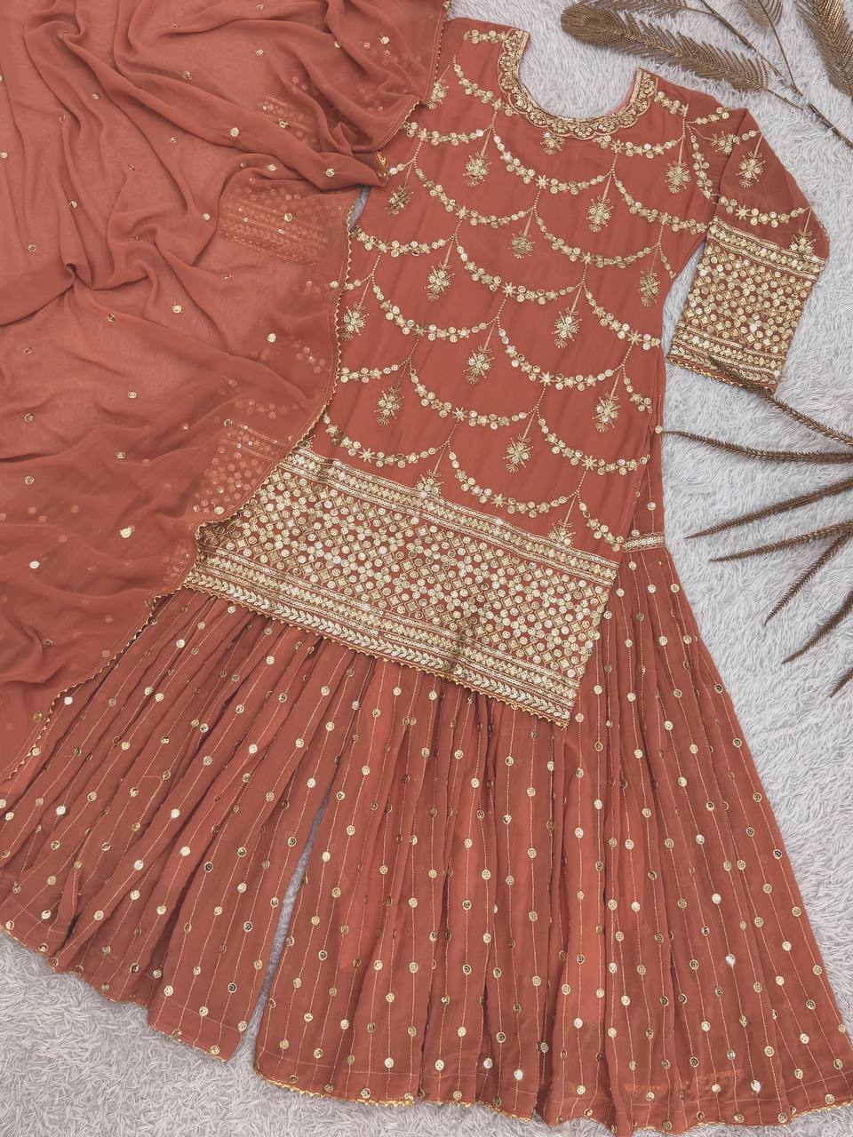 Beautiful Peach Sharara Suit With Sequence Work