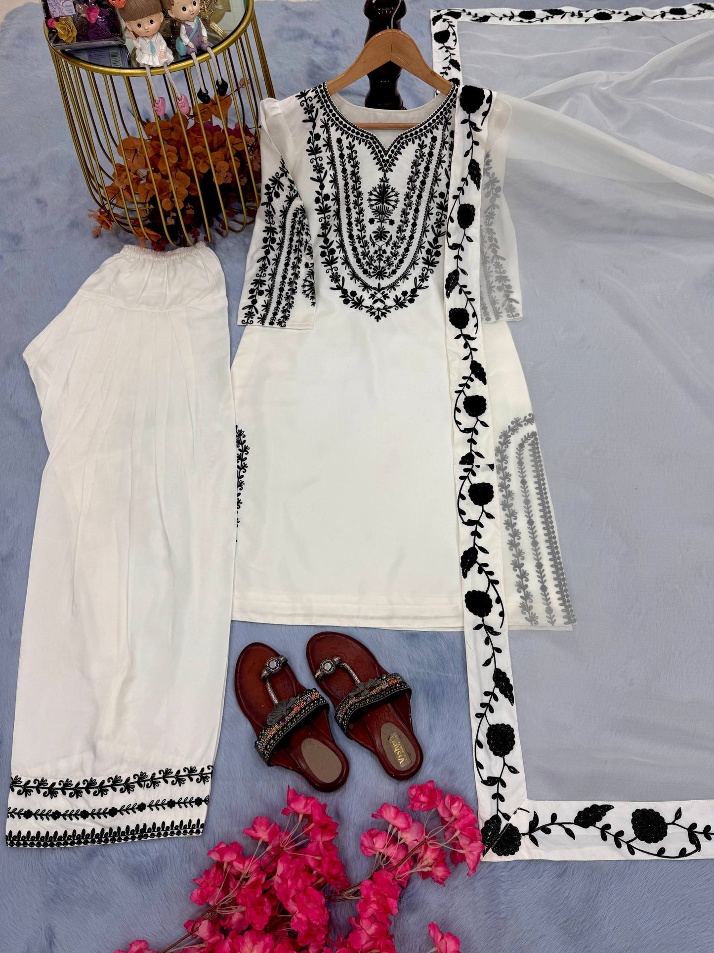 Beautiful White Suit With Black Embroidery Work