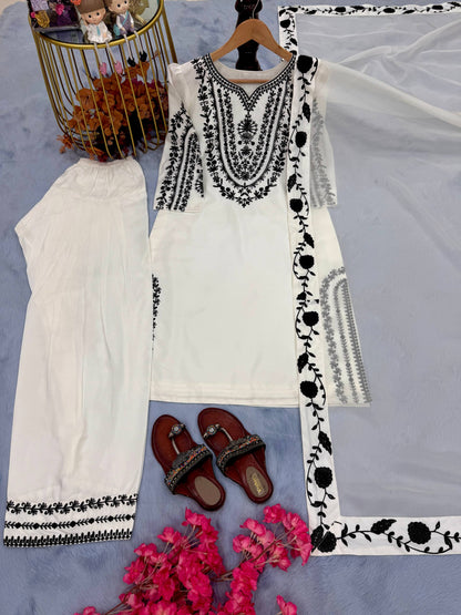 Beautiful White Suit With Black Embroidery Work