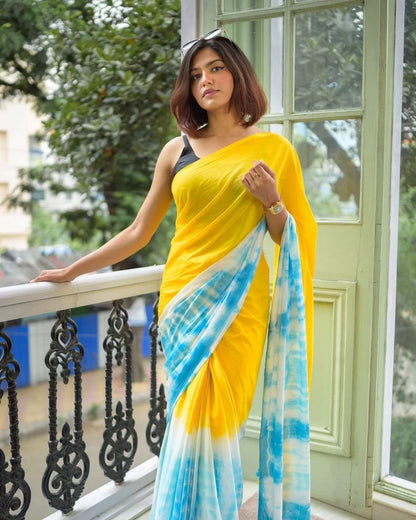 Lightweight Sibori Print Yellow Saree