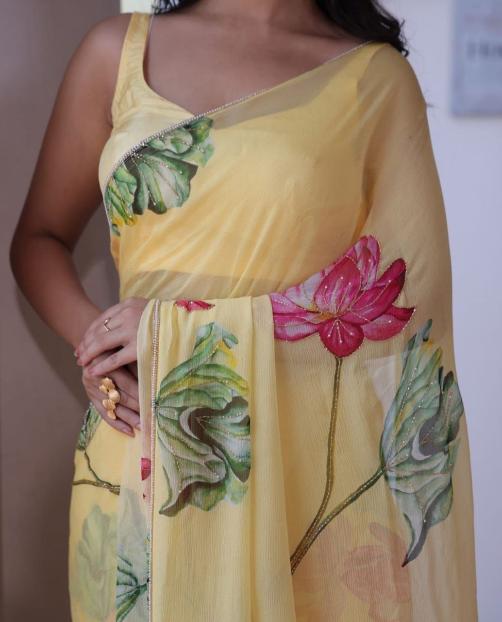 Soft Organza Flower Print Yellow Party Wear Saree