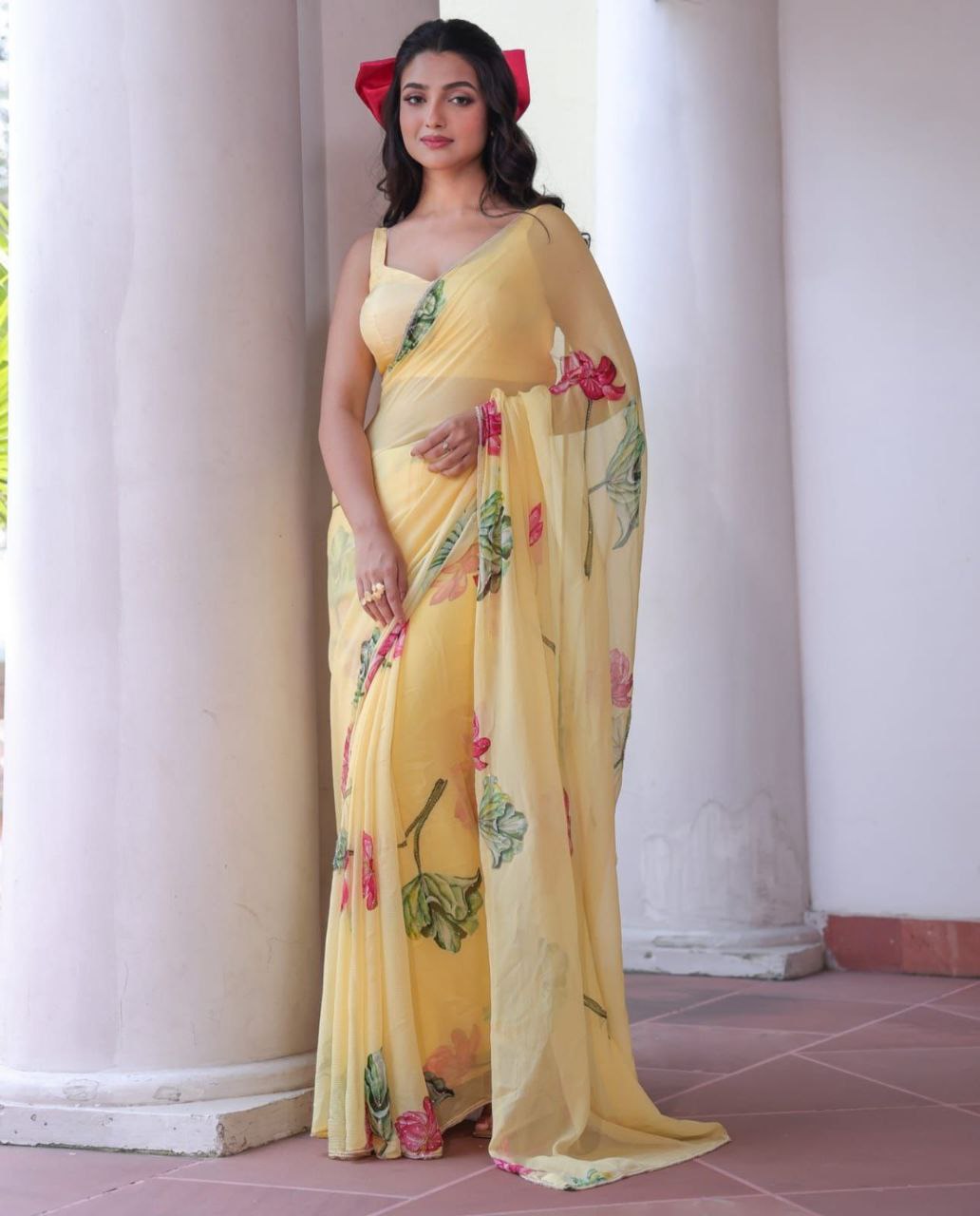 Soft Organza Flower Print Yellow Party Wear Saree