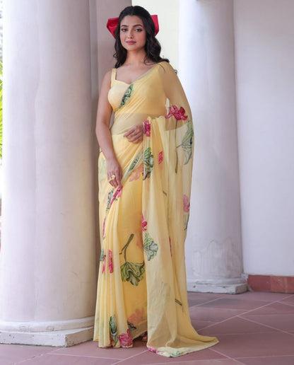 Soft Organza Flower Print Yellow Party Wear Saree