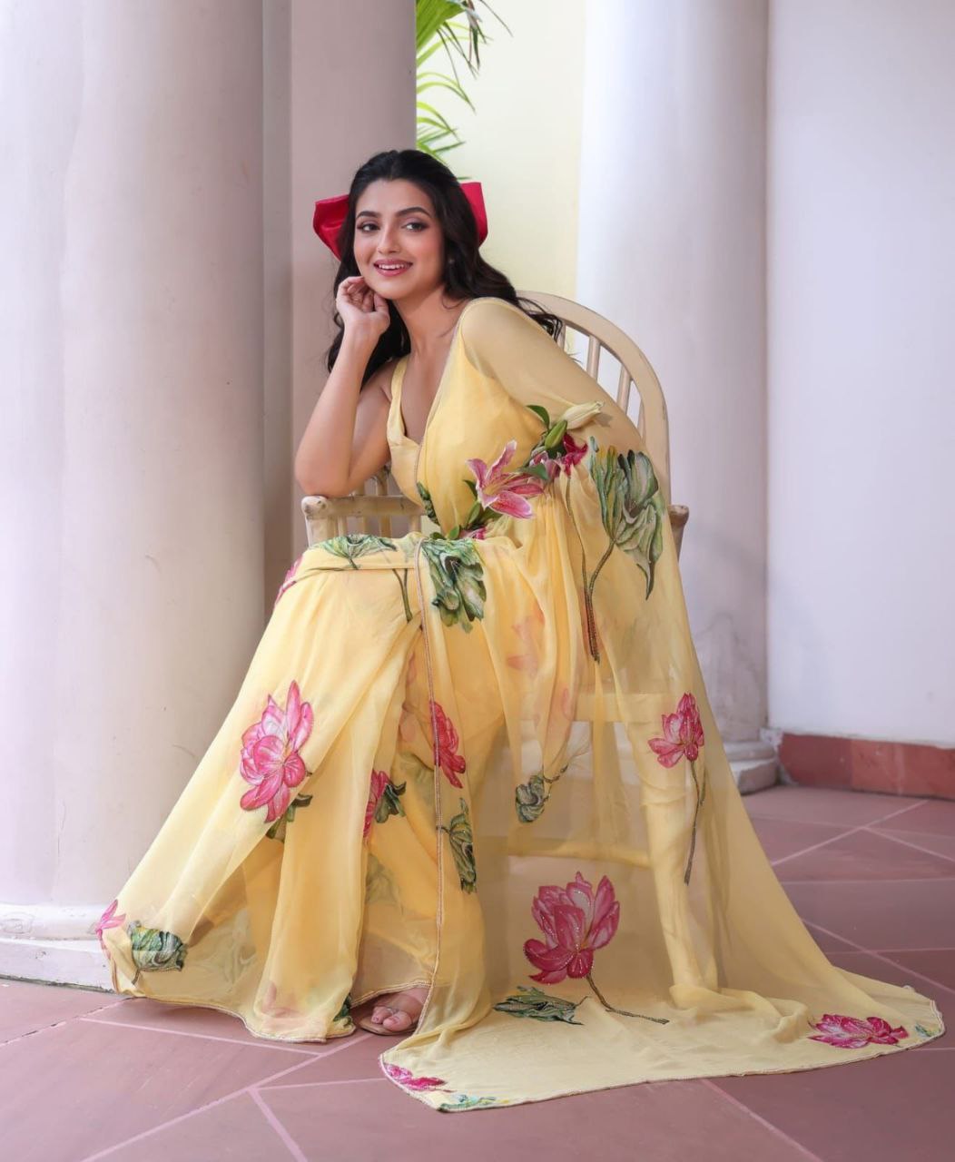 Soft Organza Flower Print Yellow Party Wear Saree