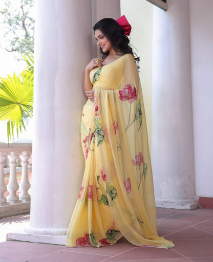 Soft Organza Flower Print Yellow Party Wear Saree