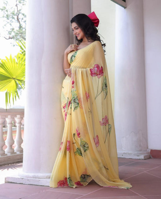 Soft Organza Flower Print Yellow Party Wear Saree