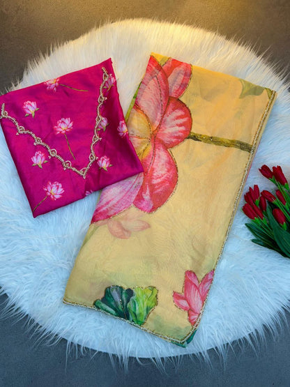 Soft Organza Flower Print Yellow Party Wear Saree