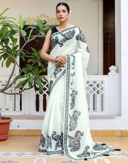 Beautiful Digital-printed White And Black Saree