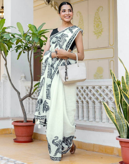 Beautiful Digital-printed White And Black Saree