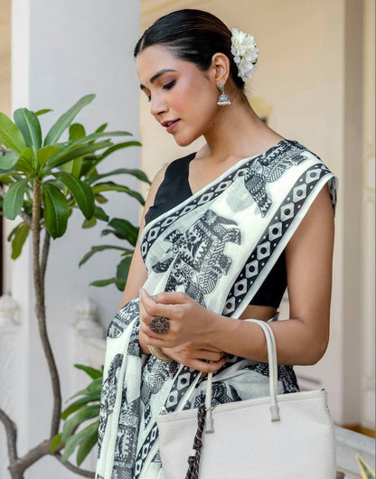 Beautiful Digital-printed White And Black Saree